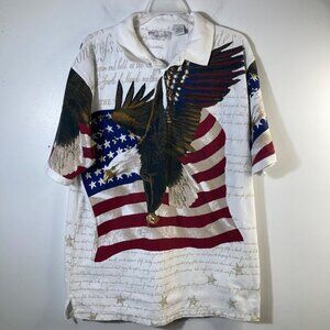 Mens Vintage American Summer Bald Eagle Flag Polo Shirt RWB L Cotton